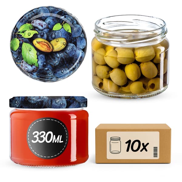 KADAX Sonka muurauspurkit 330ml 10kpl 82mm + "Plum" kannet