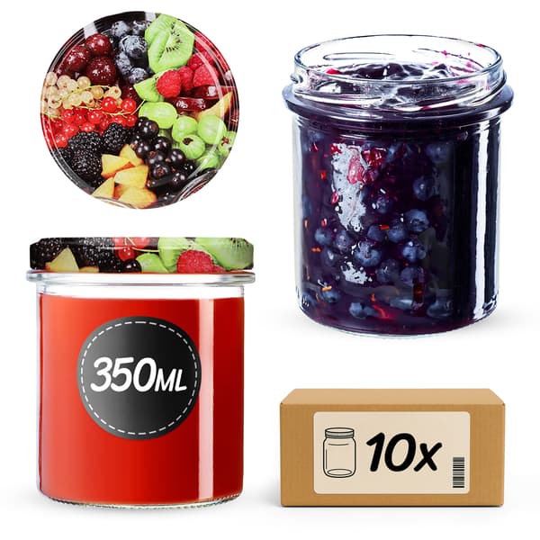 KADAX Avila muurauspurkit 350ml 10kpl 82mm + "Fruit" kannet