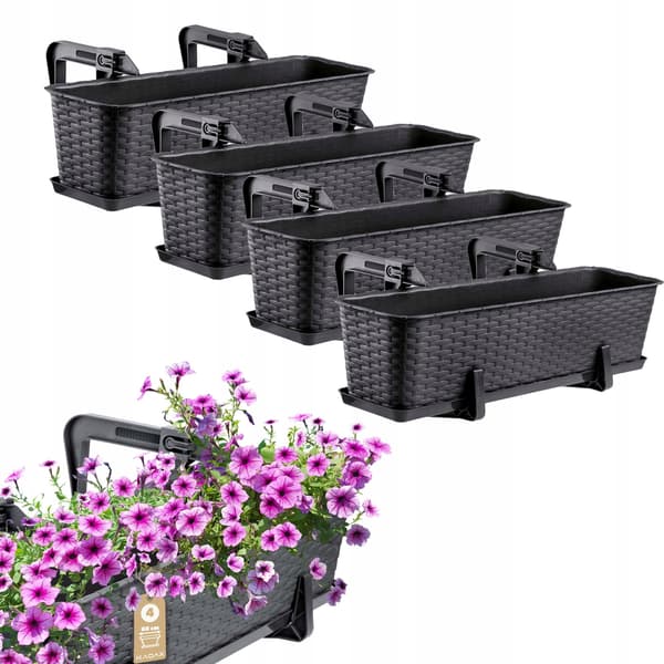 KADAX 4x Balkonglåda Blomkruka 60cm Med Handtag Antracit Stativ