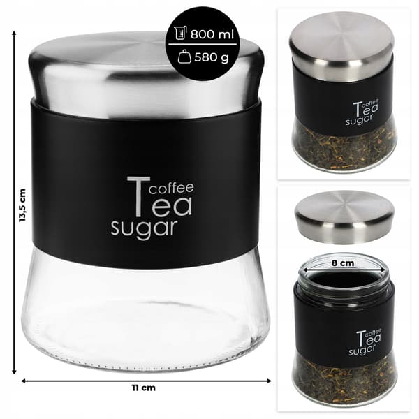 KADAX Te Kaffe Socker Glas Matbehållare med Lock 750 ml Svart