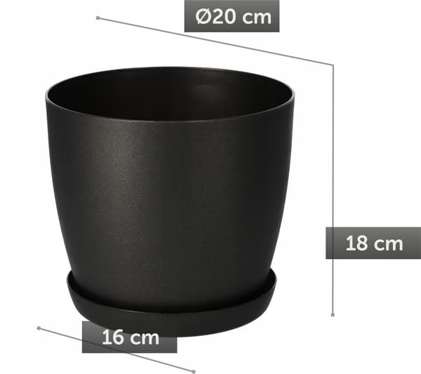 KADAX Urtepotte med Underkop Plastikpotte 20cm Låg Blomster Grafit Mat