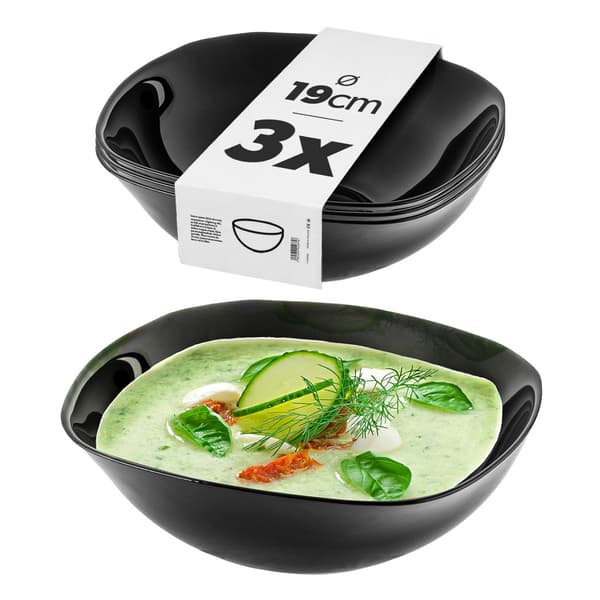 KADAX Salatskål Glas Suppeskål 19cm Til Suppe Sort Middagssæt med 3
