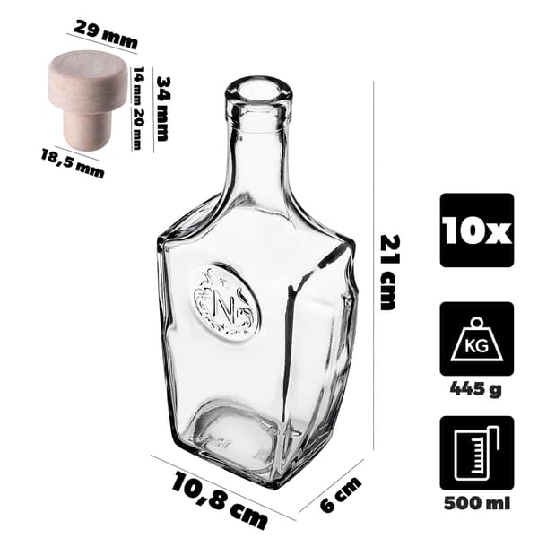 KADAX Glasflaskor 500 ml 0,5L För Vin, Likör, Hembränt, Whisky 10 st Med Kork