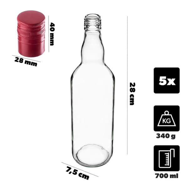 KADAX 5 stk. Monopol-flasker 700 ml 0,7 l med låg til Moonshine Vodka-juice