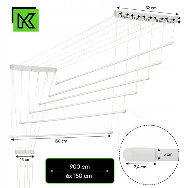 KADAX Takmonterad Torktumlare för Badrum 6 Stänger 150cm Slitstark Solid