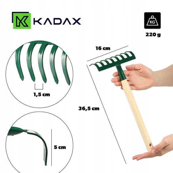 KADAX Lille Rive til Blad- og Græshave 36 cm 8 Tænder Træskaft