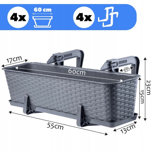 KADAX 4x Balkonkasse Urtepotte 60cm Pottehåndtag Grafitfod