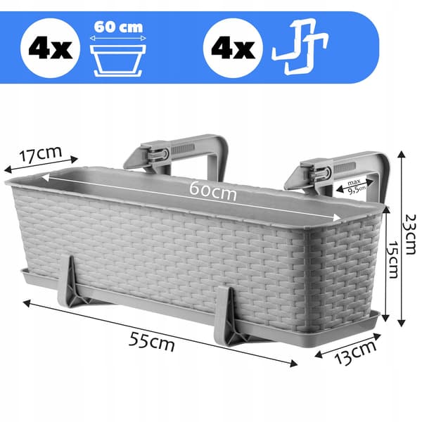 KADAX Balkonkasse 60 cm Urtepotte Urtepotteholder Håndtag 4 stk.