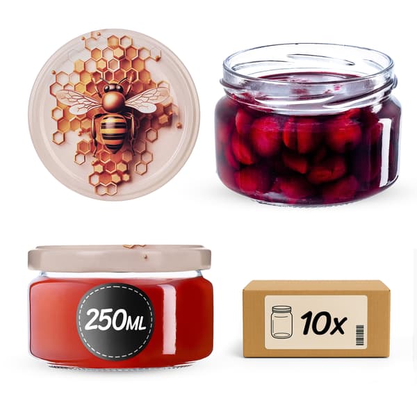 KADAX Denia purkituspurkit 250ml 10kpl 82mm + "Bee with comb" kansi