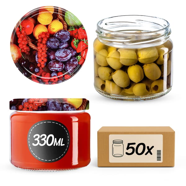KADAX Sonka muurauspurkit 330ml 50kpl 82mm + "Fruit" kannet
