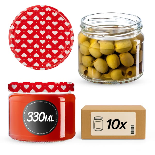 KADAX Sonka muurauspurkit 330ml 10kpl 82mm + "Hearts" kannet