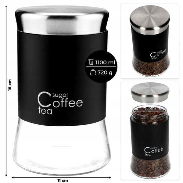 KADAX Kaffe Te Socker Glasbehållare med lock Svart 1000ml 1L