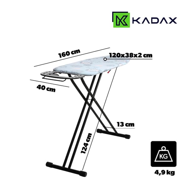 KADAX Suuri Taittuva Silityslauta 120x38cm Leveä Standard Kahvalla