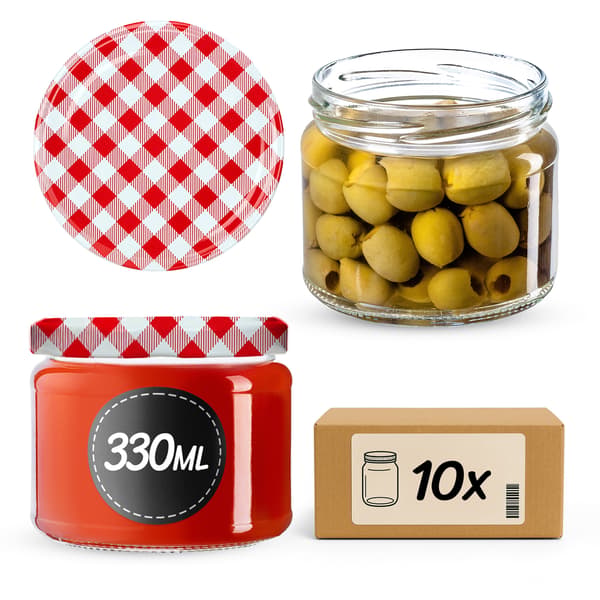 KADAX Sonka muurauspurkit 330ml 10kpl 82mm + "Red Grid" kansi