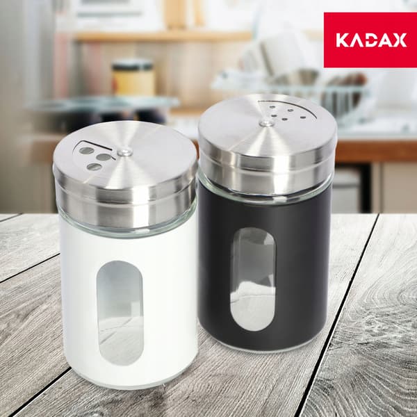 KADAX saltbøsse saltbeholder hvid 90ml glas stål krydderi