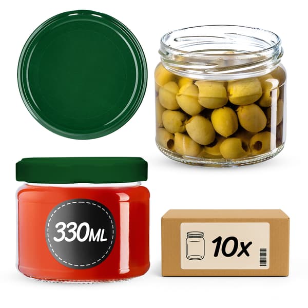 KADAX Sonka muurauspurkit 330ml 10kpl 82mm + vihreät kannet