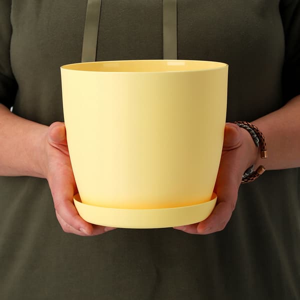 KADAX Urtepotte med Underkop Plastikpotte 30 cm Låg Blomster Gul Mat