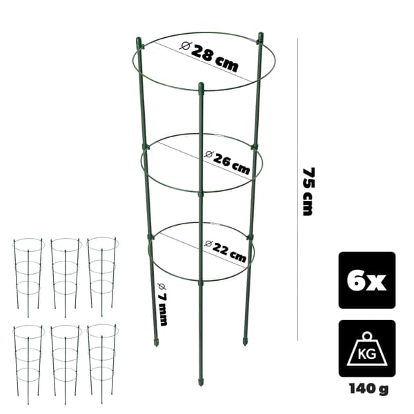 KADAX Ringstøtte til planter og blomster 75 cm metalstøtteringe 6 stk.