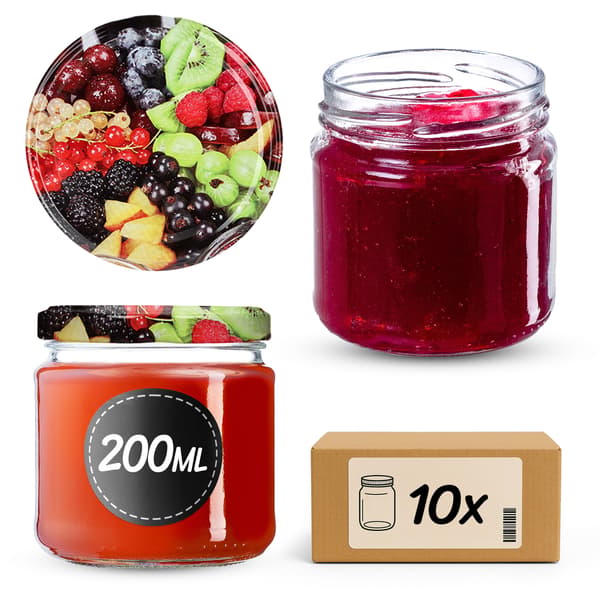 KADAX Lerma säilöntäpurkit 200ml 10kpl 66mm + "Fruit" kannet