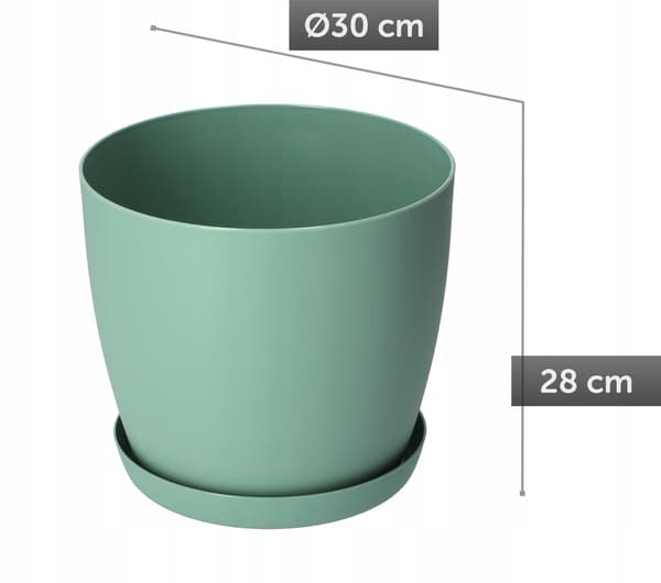 KADAX Urtepotte med Underkop Plastikpotte 30cm Låg Blomster Grøn Mat