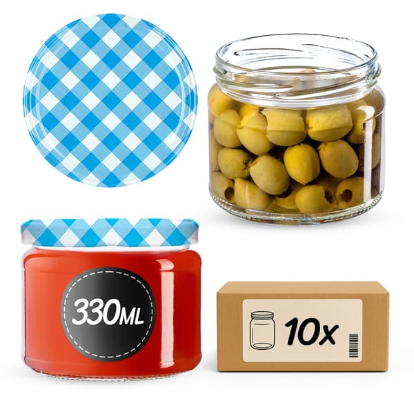 KADAX Sonka muurauspurkit 330ml 10kpl 82mm + "Blue Lattice" kansi