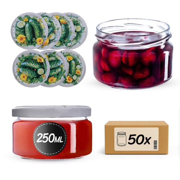 KADAX Denia purkituspurkit 250ml 50kpl 82mm + kansi "Kurkkukoostumus"