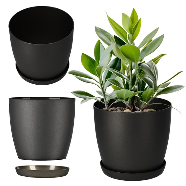 KADAX Urtepotte med Underkop Plastikpotte 14cm Låg Blomster Grafit Mat
