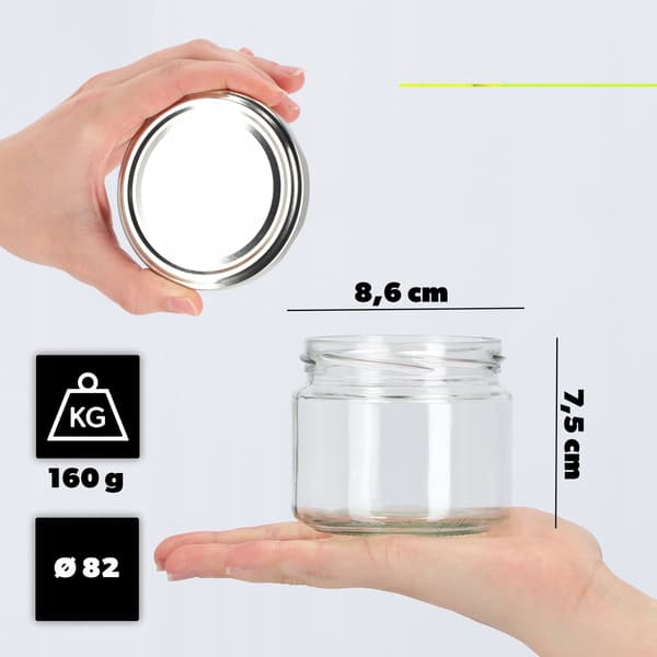 KADAX Sonka muurauspurkit 330ml 10kpl 82mm + hopeanväriset kannet