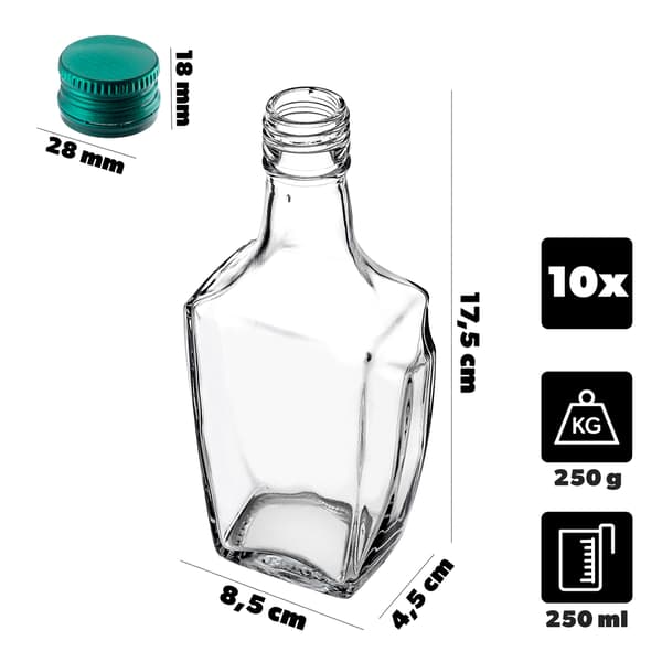 KADAX Glasflaske Glasflasker 250 ml Til Likør Vin Vodka Kapsler 10 stk