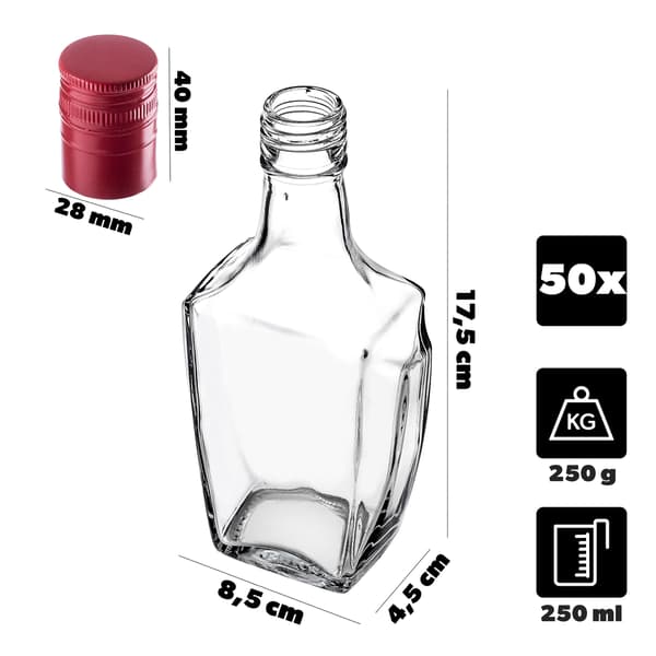 KADAX lasipullo tinktuuralle 250ml pitkällä punaisella korkilla 50kpl.