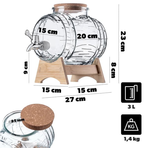 KADAX Barrel 3L Keg Glaskaraff med kran Hembränt Whisky Vin