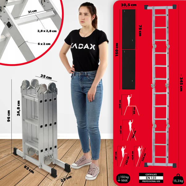 KADAX Aluminium Husholdningsstige 4x3 Foldbar Multifunktionsstige 150kg