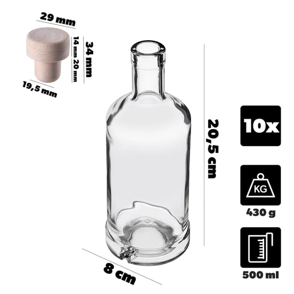 KADAX Tadek glasflaskor 500 ml 0,5 l för vin, likör, 10 st med kork