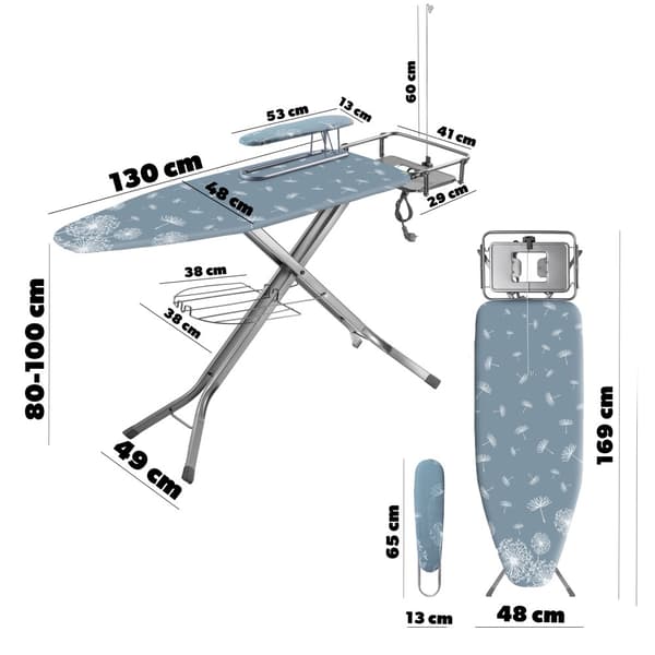 KADAX Strygebræt 130x48cm Stor Fuld Med Strygejernholder + Ærmeholder