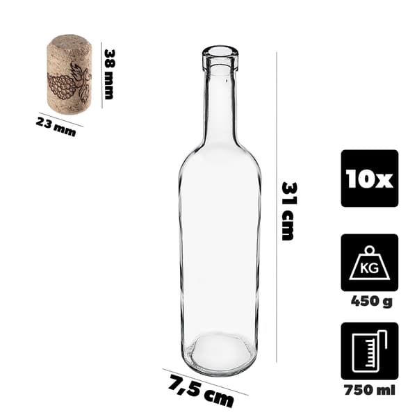 KADAX 10 st glasflaskor för vin, likörer, vinflaska 0,75 l 750 ml + korkar