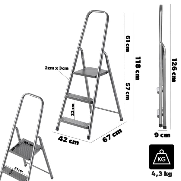 KADAX Stålstige 3 Trin Hjemme Foldbar Trappestige Solid 125kg