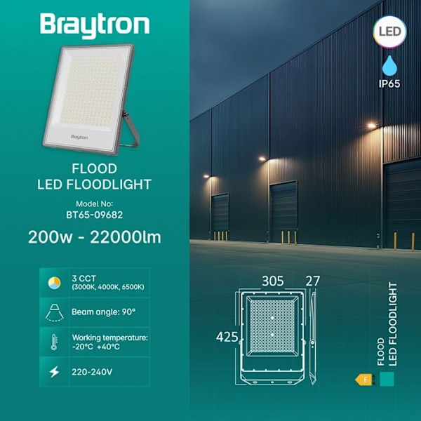 LED-projektor 200W 3-i-1 22000lm IP65 IK06 – Grå Grå