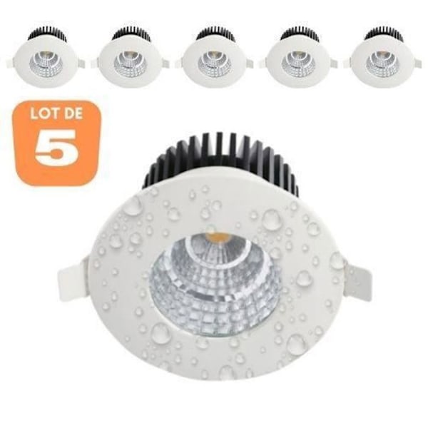 Set med 5 vattentäta IP65 6W runda LED-spotlights Vit