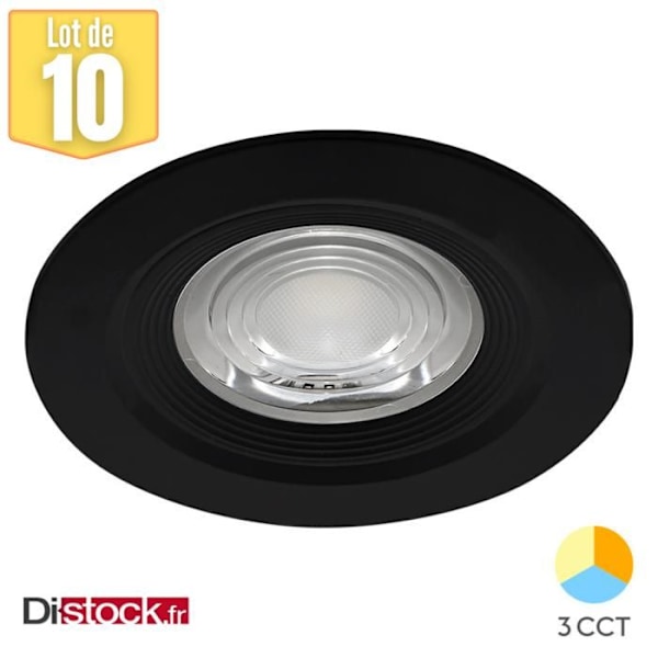Sæt med 10 vandtætte 3i1 runde sorte forsænkede LED-spotlights 7W IP54 Svart