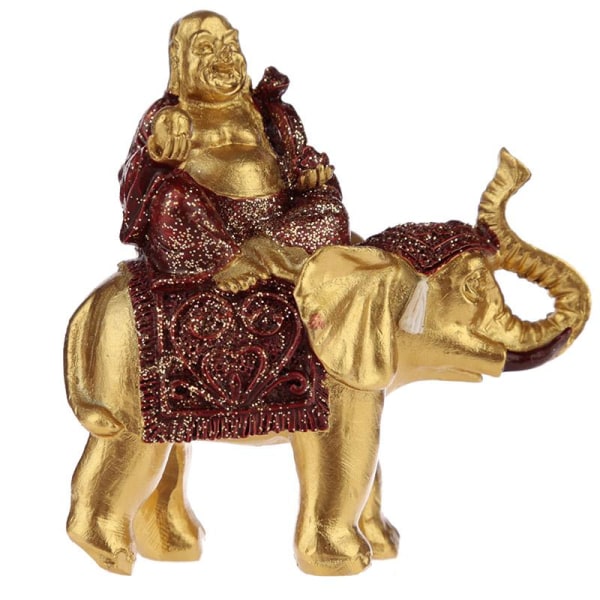 Lucky Buddha, siddende på elefant, rød farvet