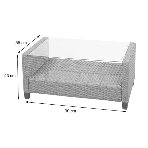 Havemøbler i polyrotting til terrasse og balkon, sofa, stole, puder og lavt bord i grå-brun.