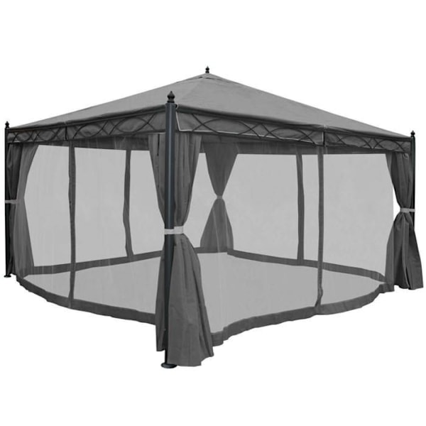 Pergola paviljonki puutarhakeinu tukeva rakenne 7, sivuseinällä + harmaa hyttysverkko 4 x 4 m