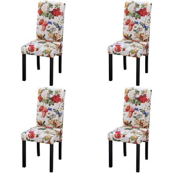 Förpackning med 4 st rustik stil matstolar med flerfärgad blomsterdesign i tyg.