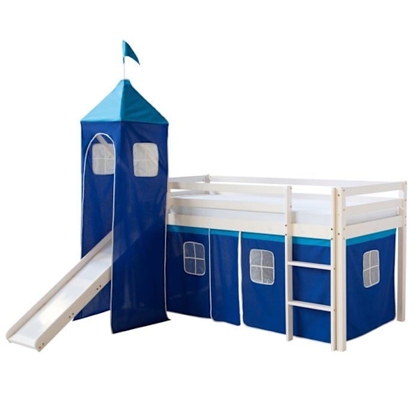 Valoisa mezzanine 90x200cm puusohva, valkoinen lakattu liukumäki ja sininen kangas mukaan LIT06009