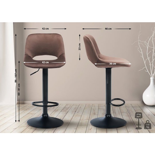 Barstol højde x1 med fodskammel i brun fløjlsdesign og sort metalstel 10_0004601 kastanj