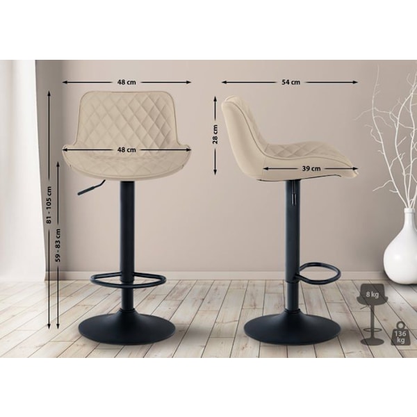 Barstol x1 sæde med dekorative diamant-syninger i creme PVC og sorte metalben 10_0005225 Grädde