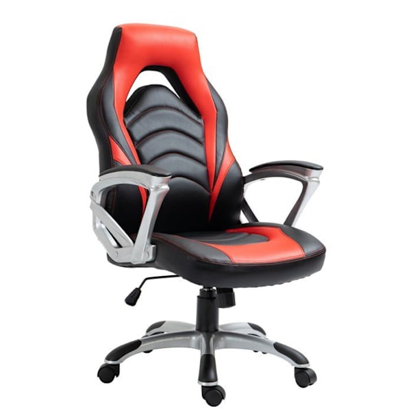 Gamer stol med hjul i sort og rød imitation læder til spillekonsol og skrivebord