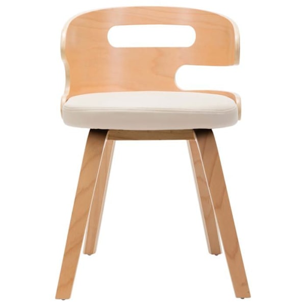 Set med 2 designade matstolar i tidlös böjd trä och syntetiskt material i krämfärg.