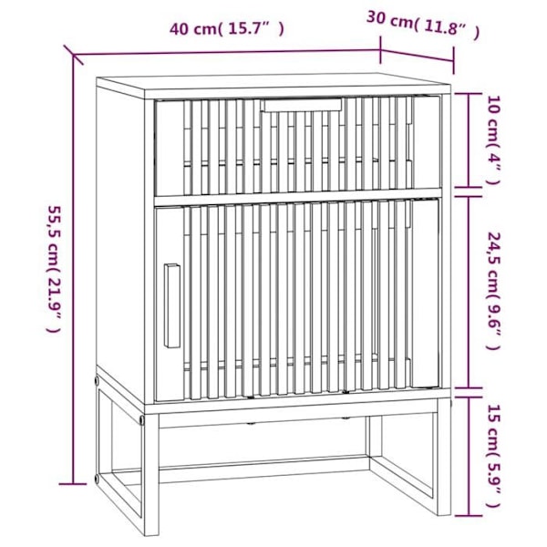 Yöpöytä, jossa on laatikko ja ovellinen lokero 40 x 30 x 55,5 cm, korkealaatuista puukalustetta ja mustaa rautaa DEC034403 kastanj