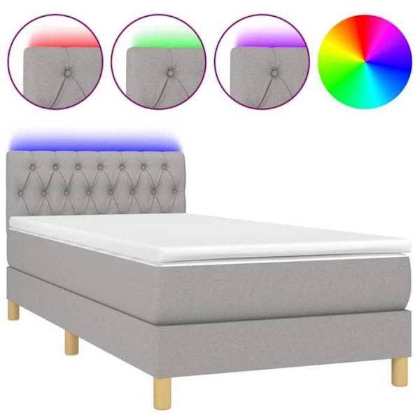 LED-sänkykehys, jossa sängynpääty, patja ja vuodevaatteet, koko 100x200 cm, vaaleanharmaa kangas TDL0207960 Grå